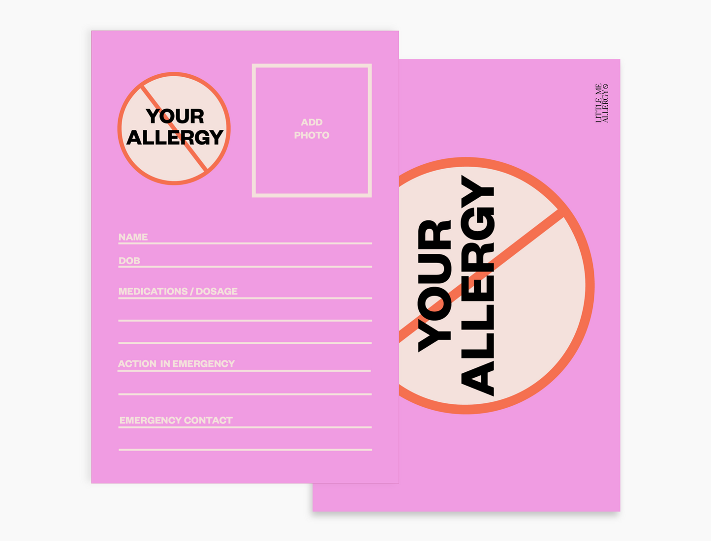 Custom Personal Information Card - Single Allergy (pack of 10 notecards)