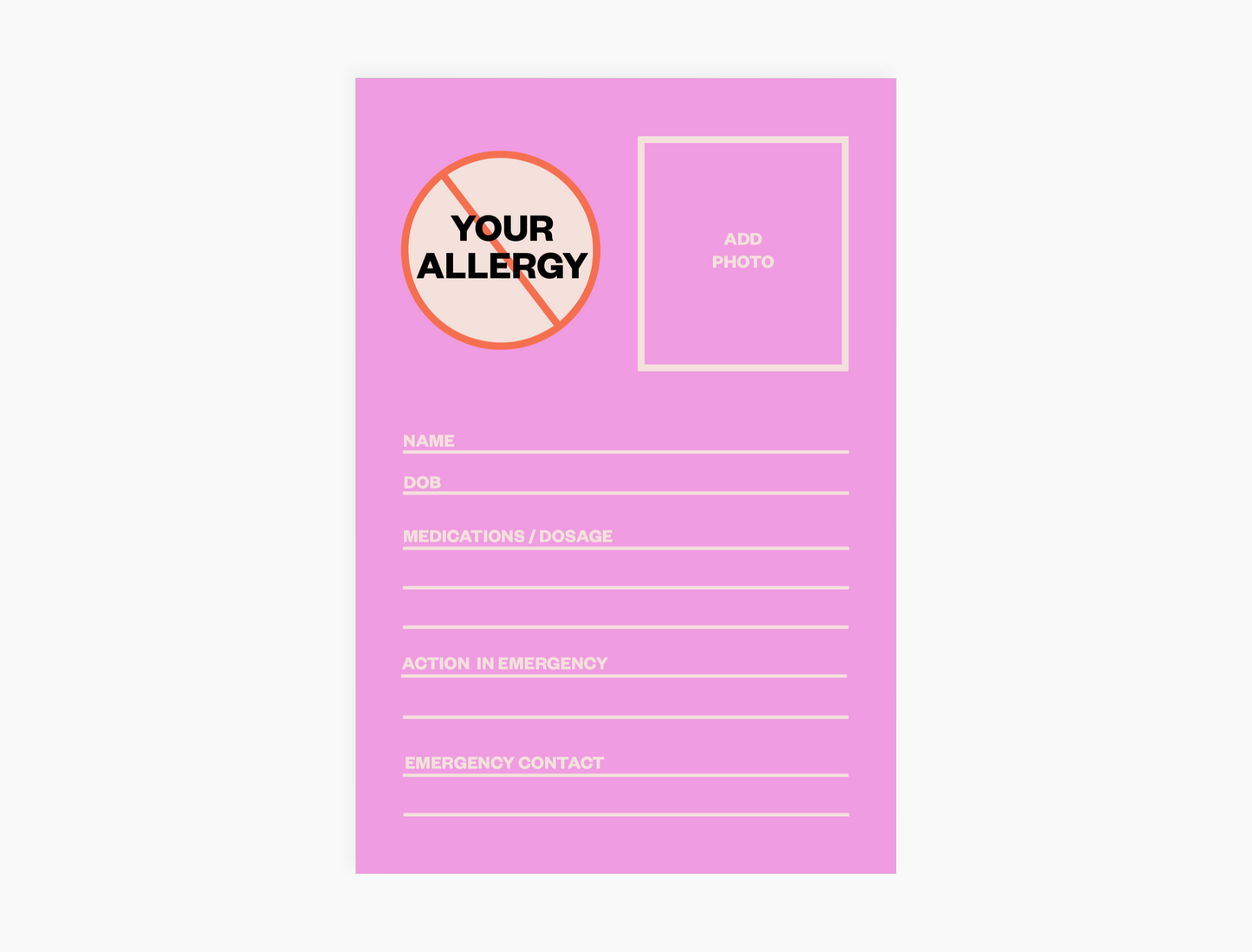 Custom Personal Information Card - Single Allergy (pack of 10 notecards)