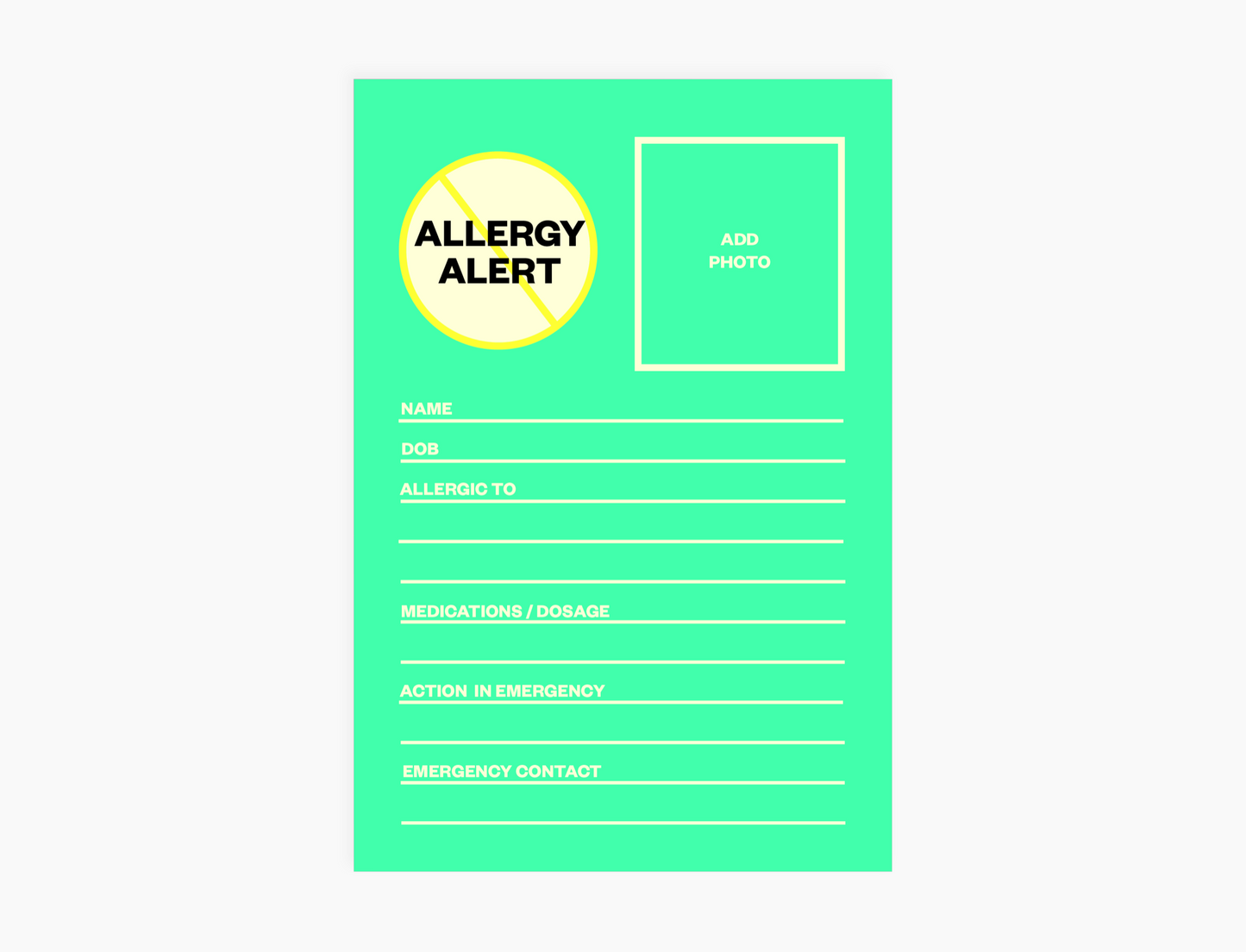 Personal Allergy Information Card - Multiple Allergy Alert (pack of 5 notecards)