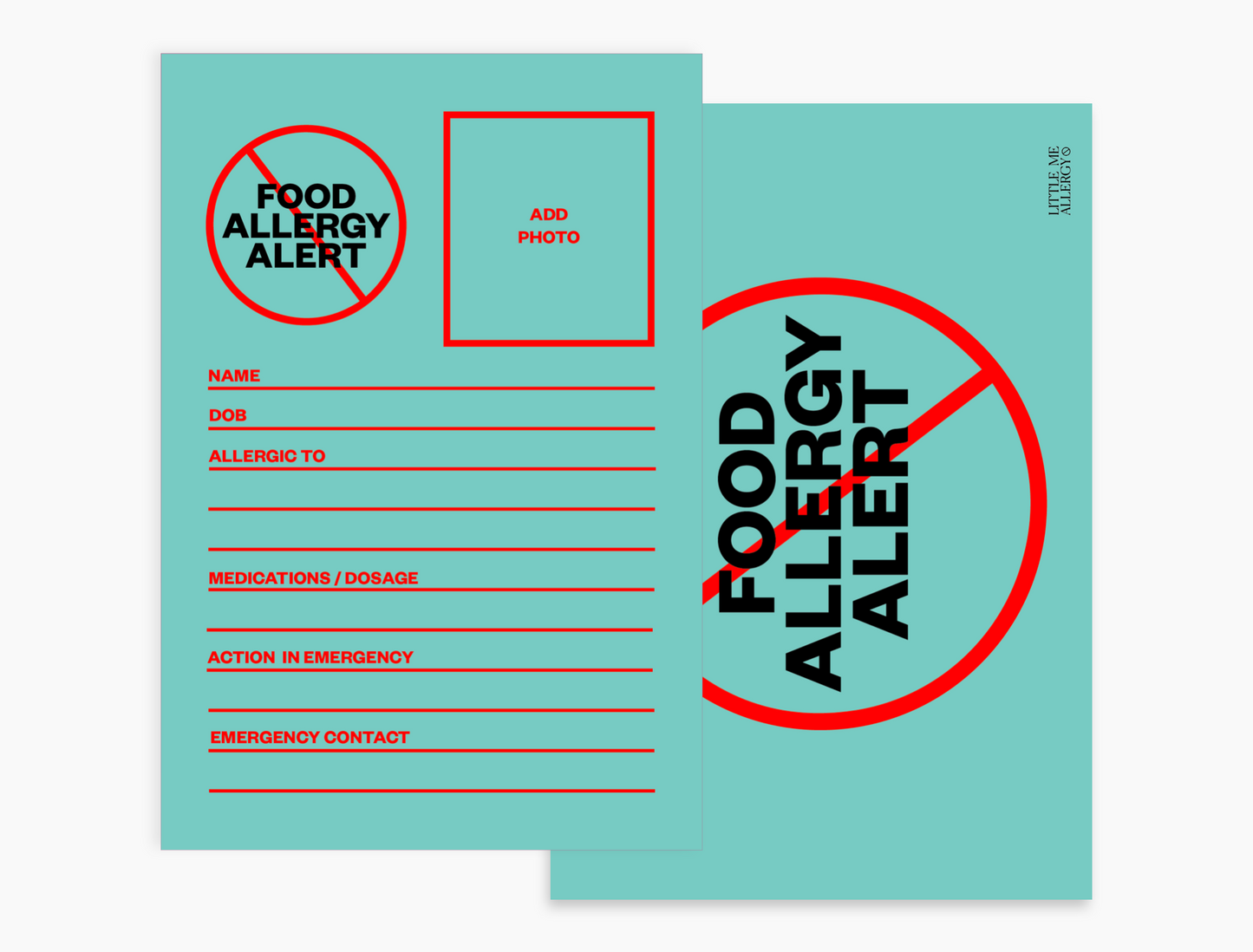 Personal Allergy Information Card - Food Allergy Alert (pack of 5 notecards)