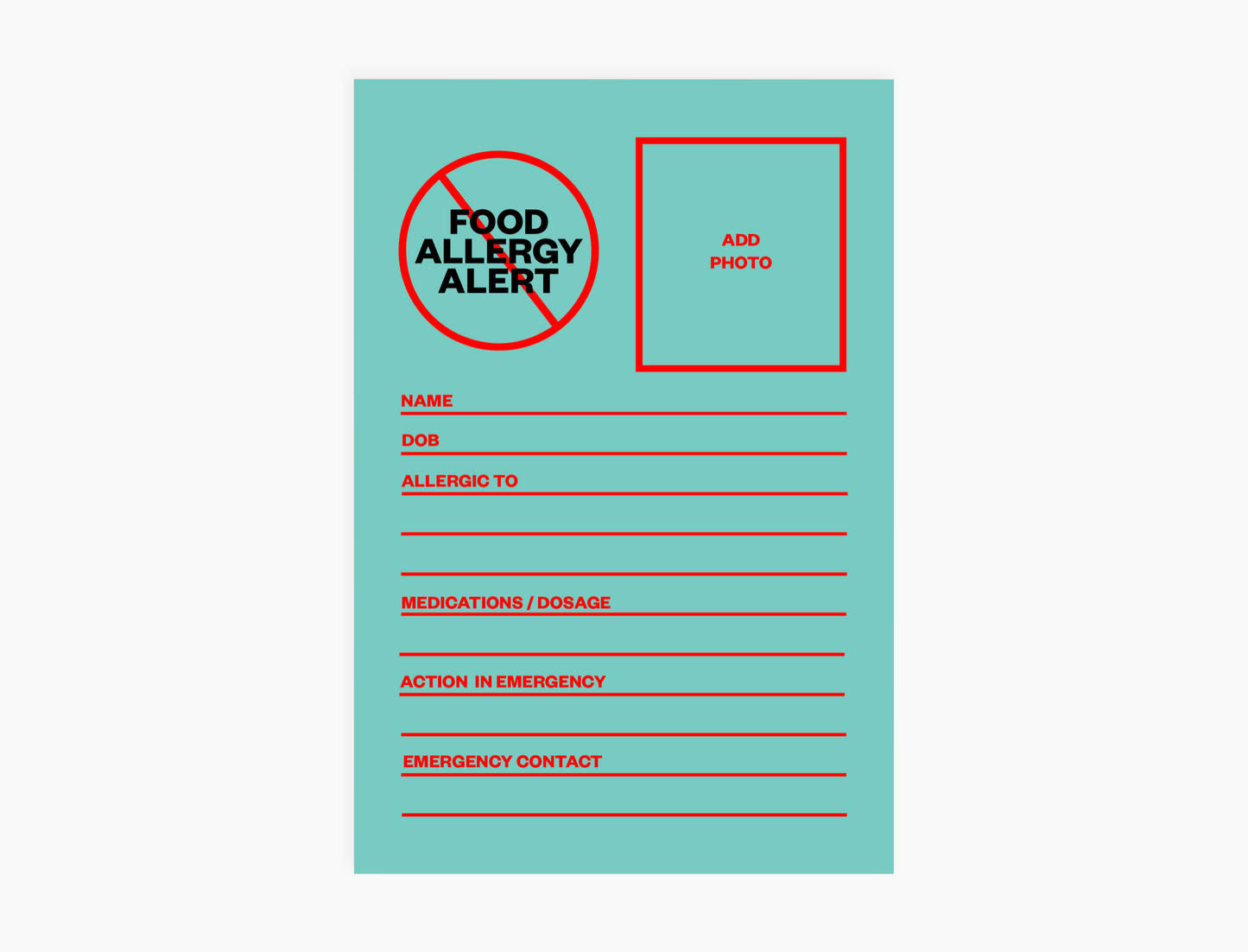 Personal Allergy Information Card - Food Allergy Alert (pack of 5 notecards)