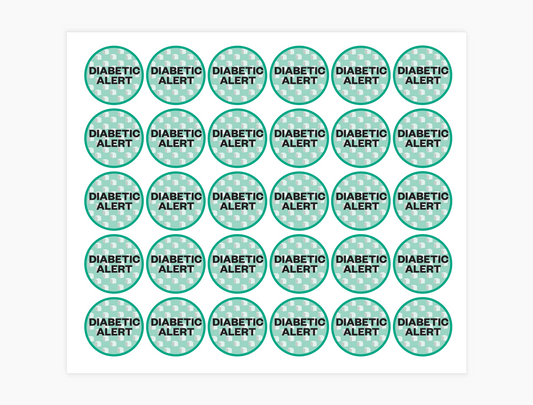 Diabetic Alert Waterproof Stickers, 3/4 inch round (sheet of 30)