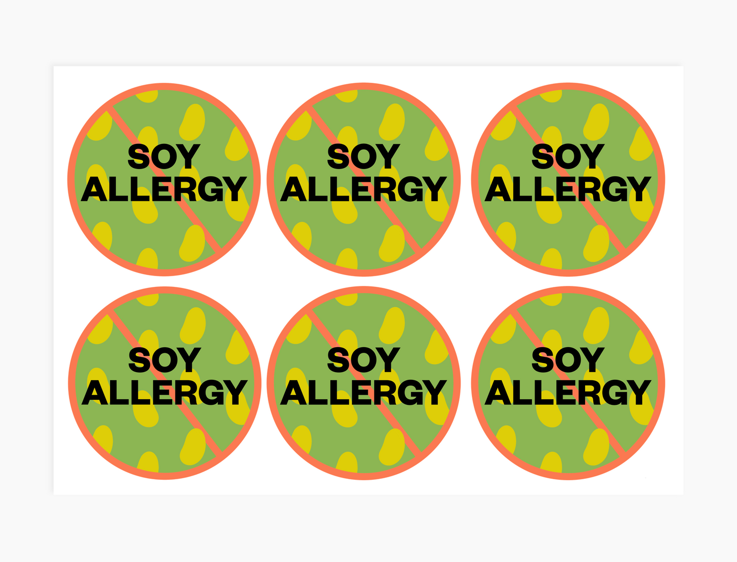 Soy Allergy Alert Waterproof Stickers - 3 inch round (sheet of 6)