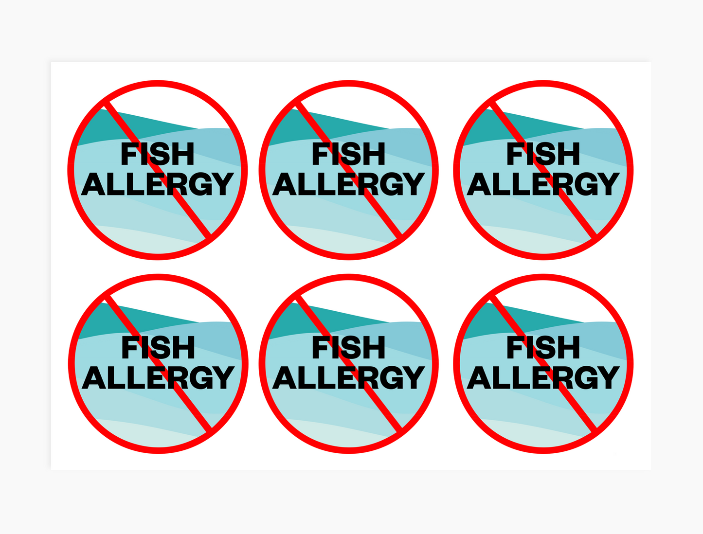 Fish Allergy Alert Waterproof Stickers - 3 inch round (sheet of 6)