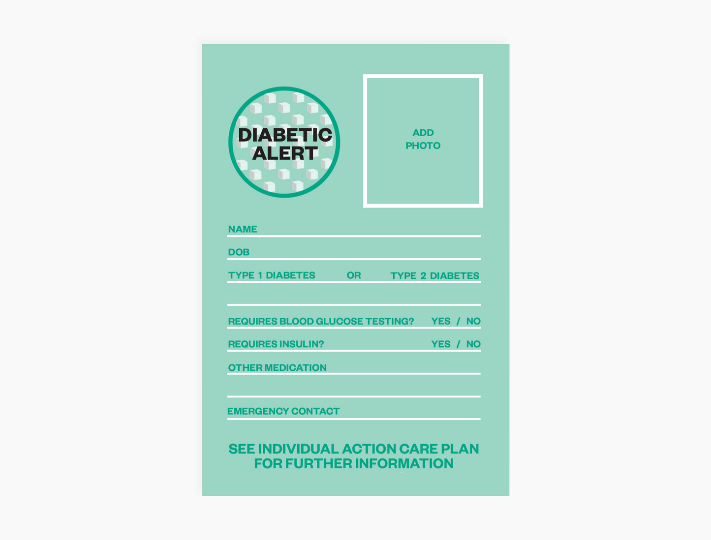 Personal Diabetic Alert Information Card (pack of 5 notecards)
