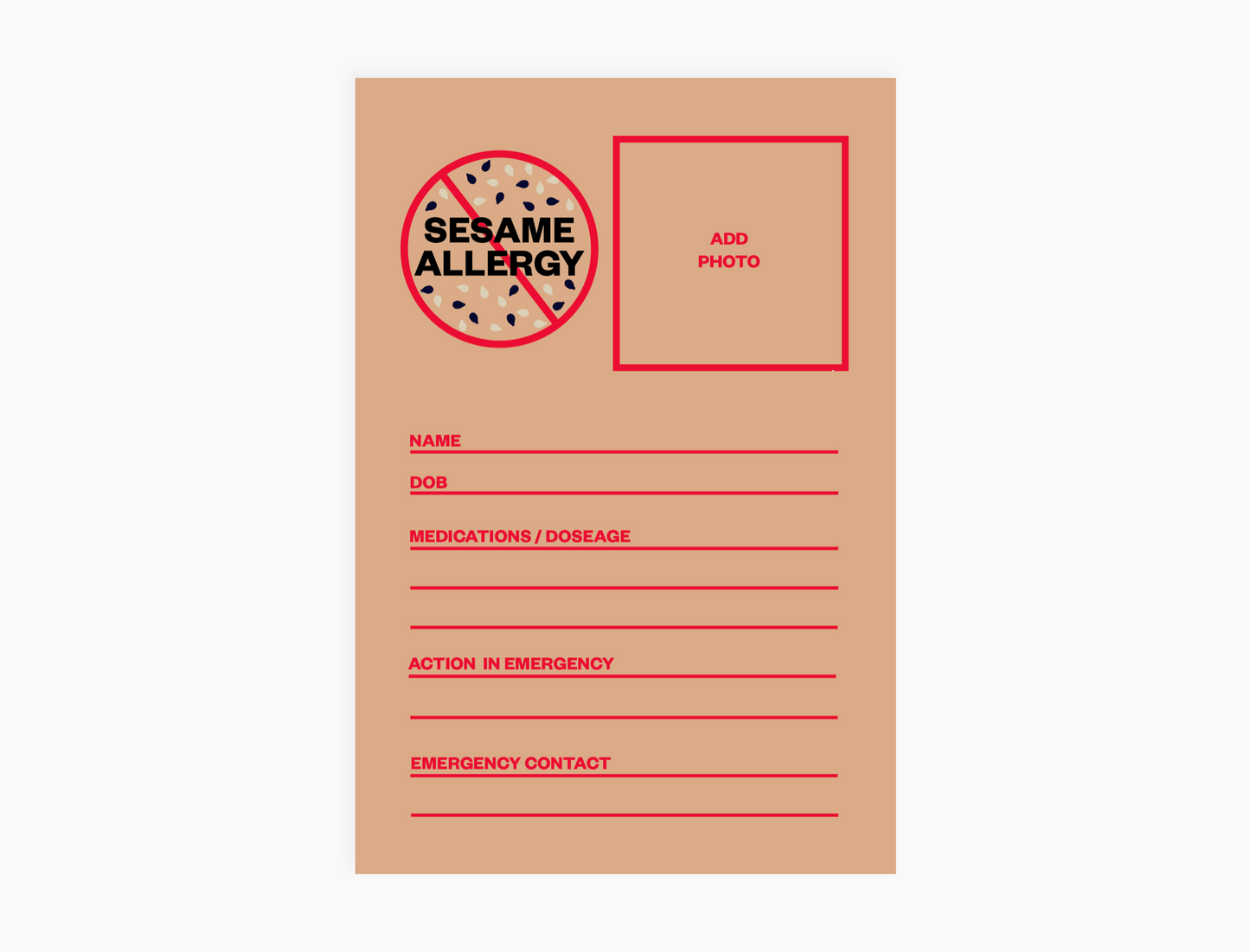 Personal Allergy Information Card - Sesame (pack of 5 notecards)