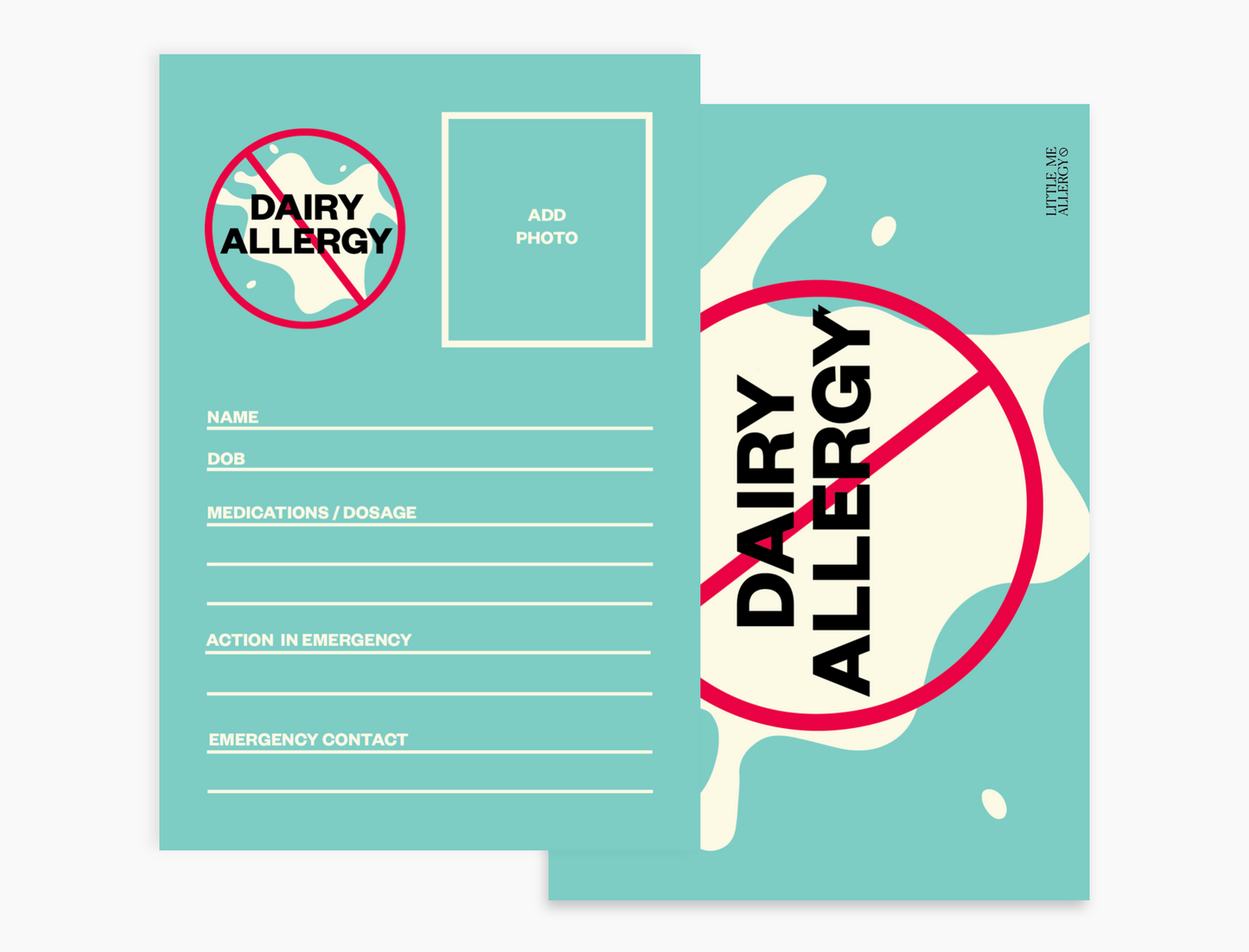 Personal Allergy Information Card - Dairy (pack of 5 notecards)