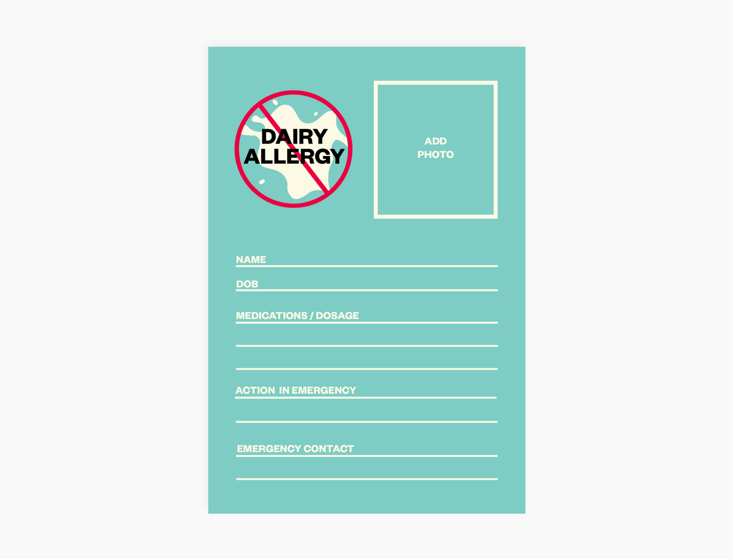Personal Allergy Information Card - Dairy (pack of 5 notecards)