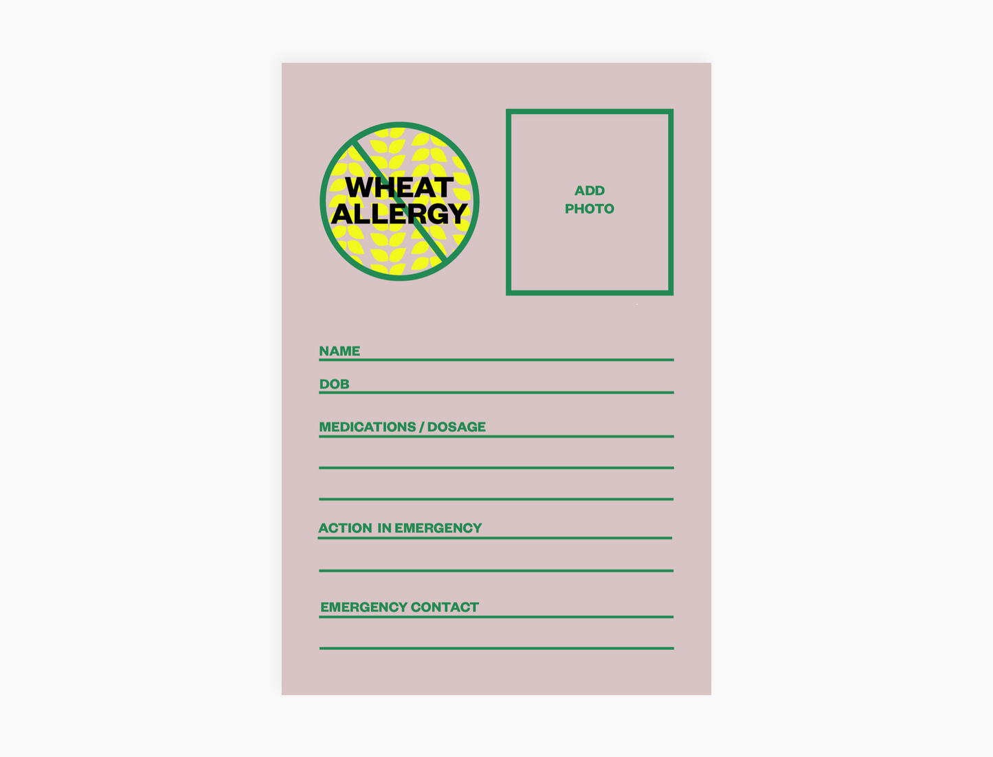 Personal Allergy Information Card - Wheat (pack of 5 notecards)