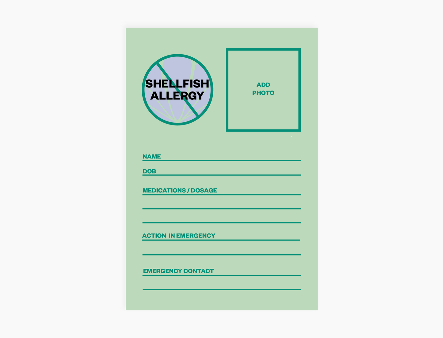 Personal Allergy Information Card - Shellfish (pack of 5 notecards)