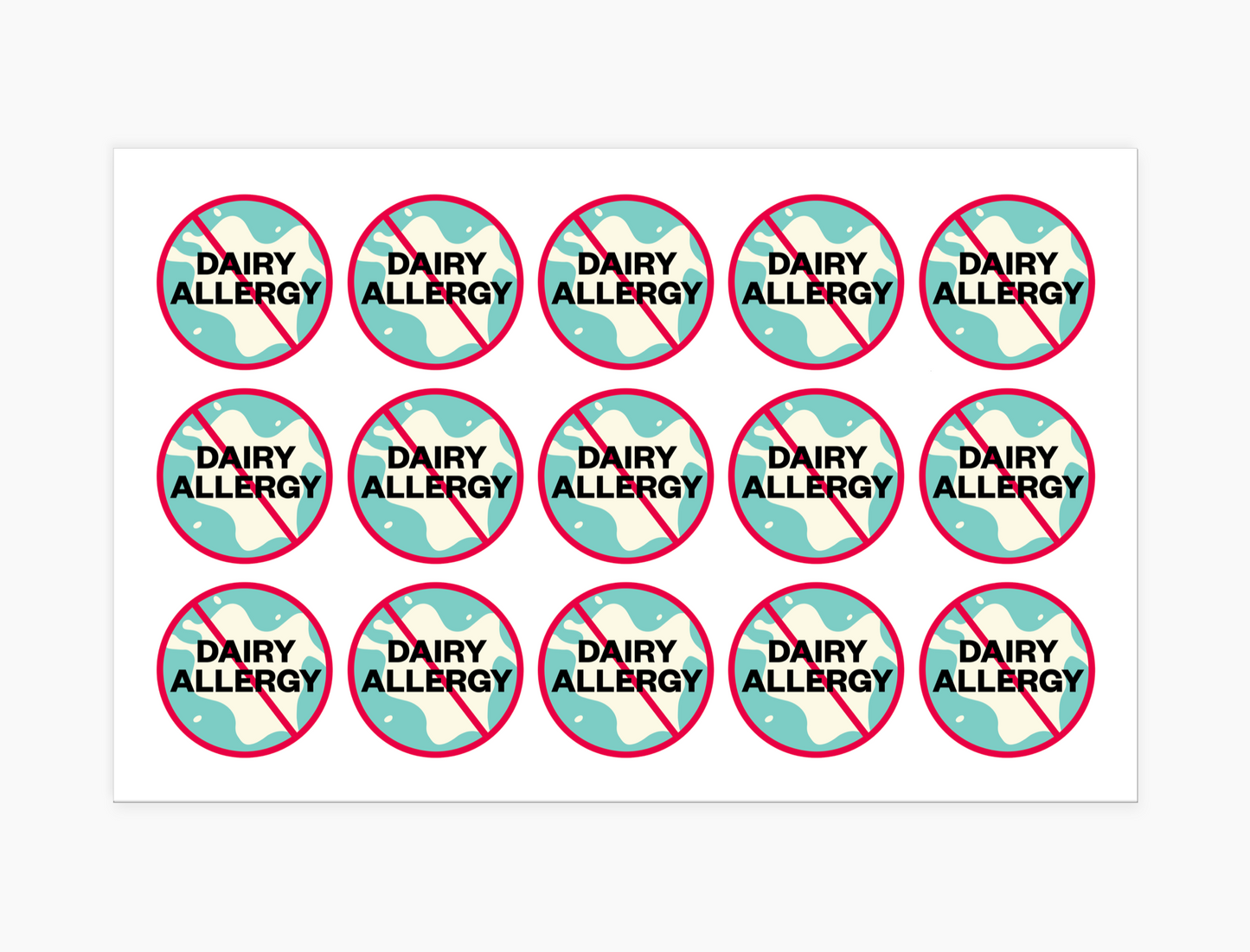 Dairy Allergy Waterproof Stickers, 1-1/2 inch round (sheet of 15)
