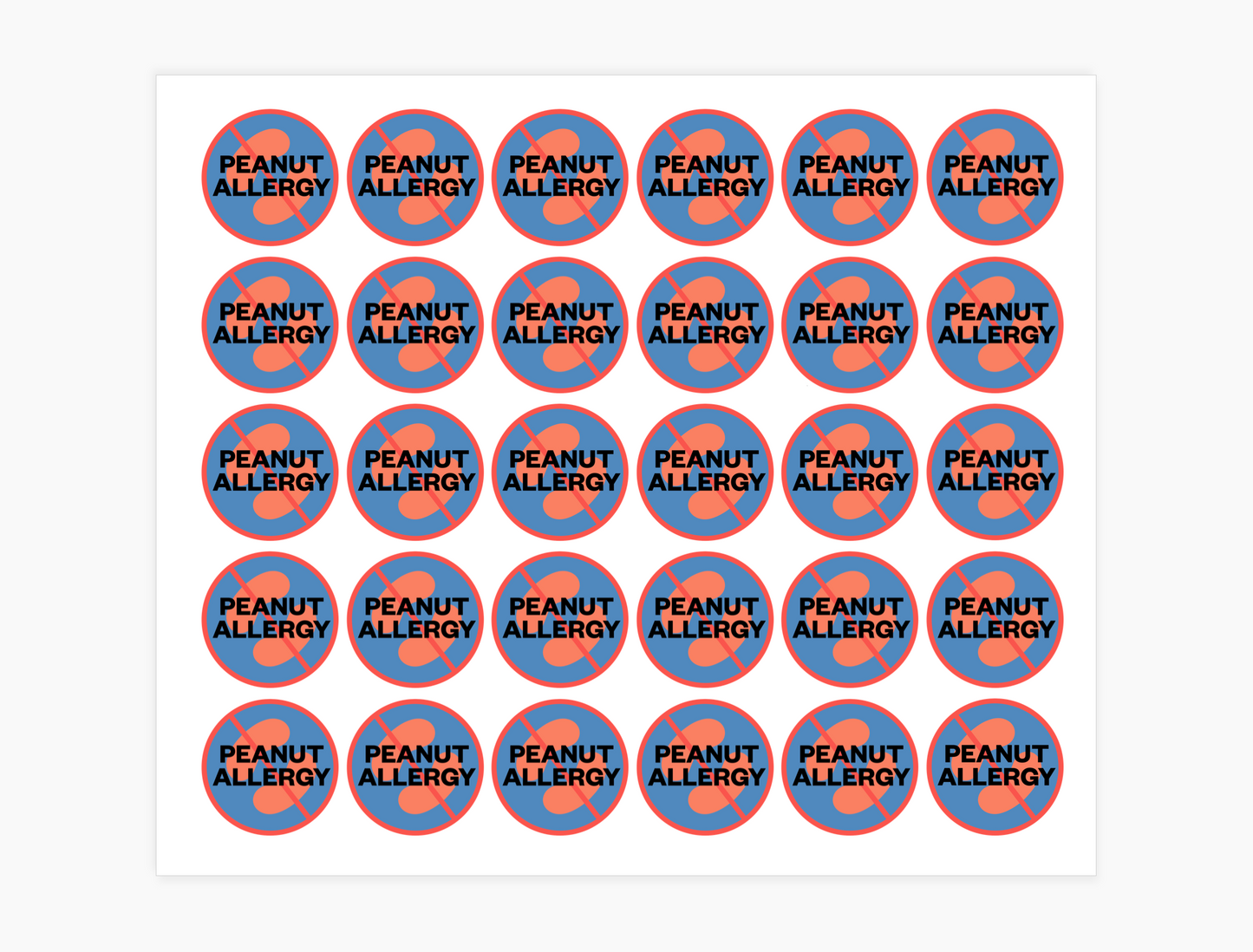 Peanut Allergy Waterproof Stickers, 3/4 inch round (sheet of 30)