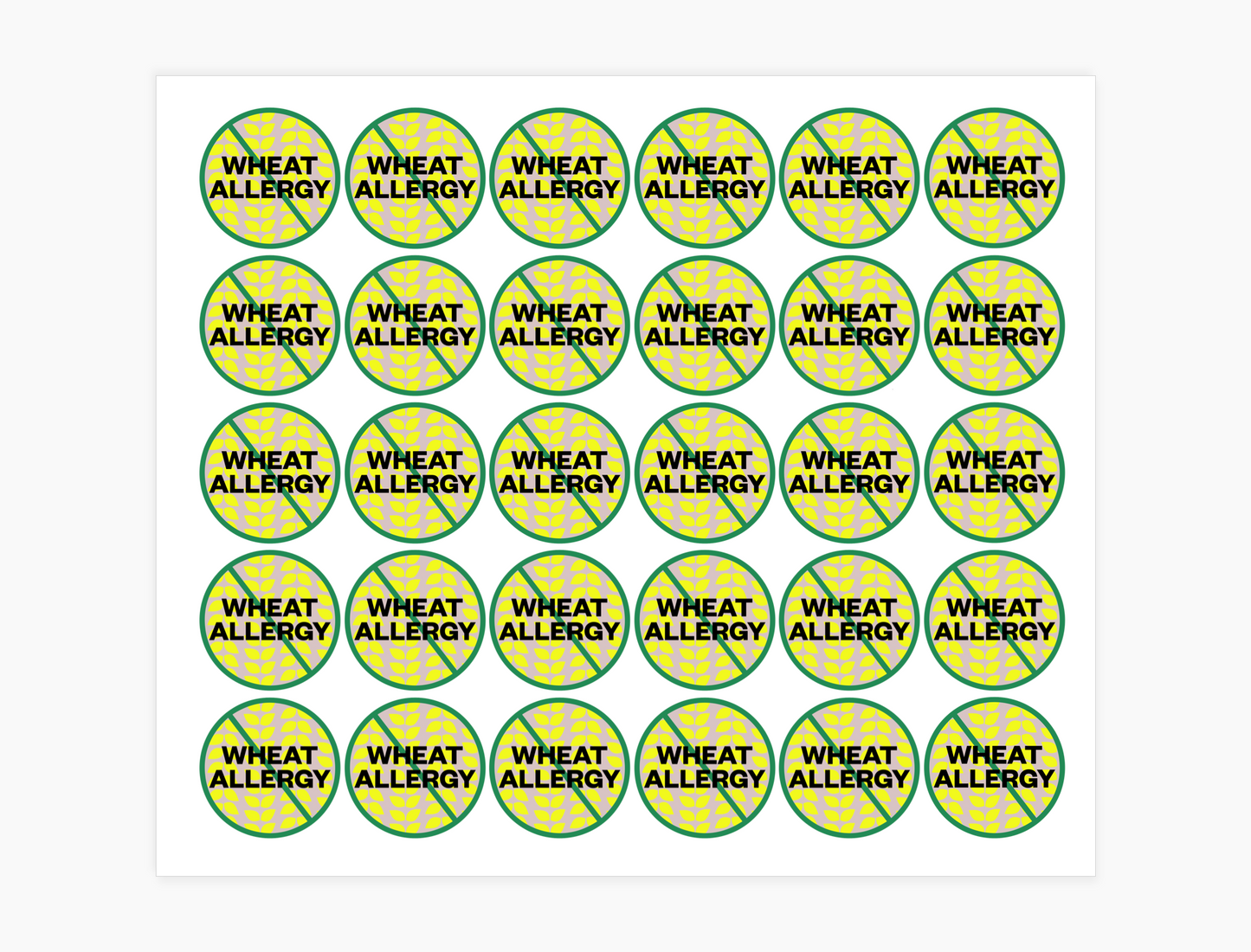 Wheat Allergy Waterproof Stickers, 3/4 round (Sheet of 30)