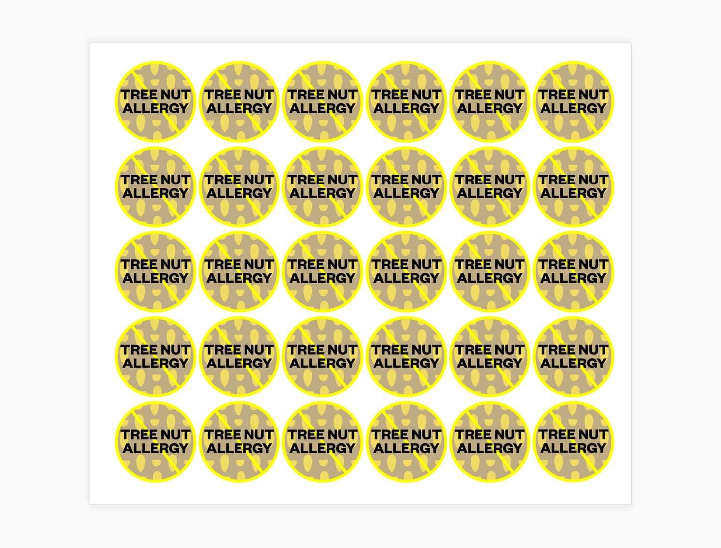 Tree Nut Allergy Waterproof Stickers, 3/4 inch round (sheet of 30)