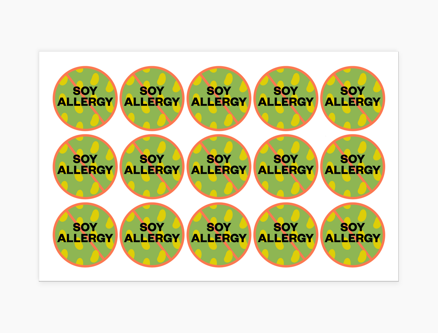 Soy Allergy Waterproof Stickers, 1-1/2 inch round (sheet of 15)