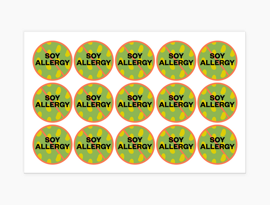 Soy Allergy Waterproof Stickers, 1-1/2 inch round (sheet of 15)