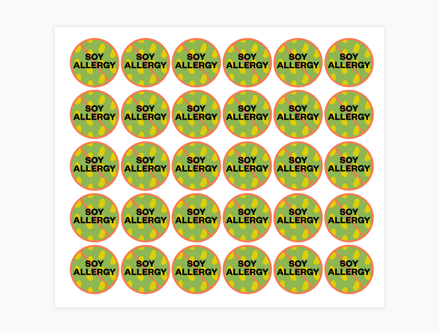 Soy Allergy Waterproof Stickers, 3/4 inch round (sheet of 30)