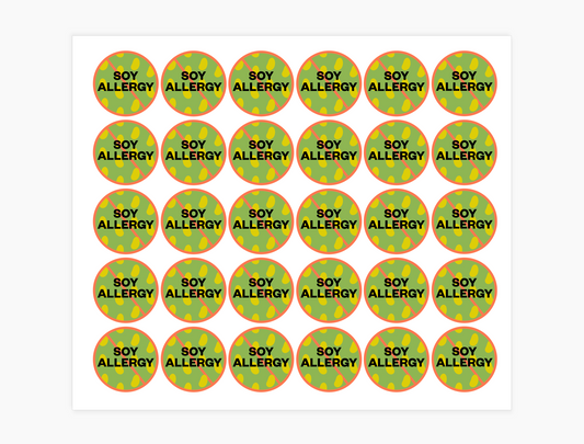 Soy Allergy Waterproof Stickers, 3/4 inch round (sheet of 30)