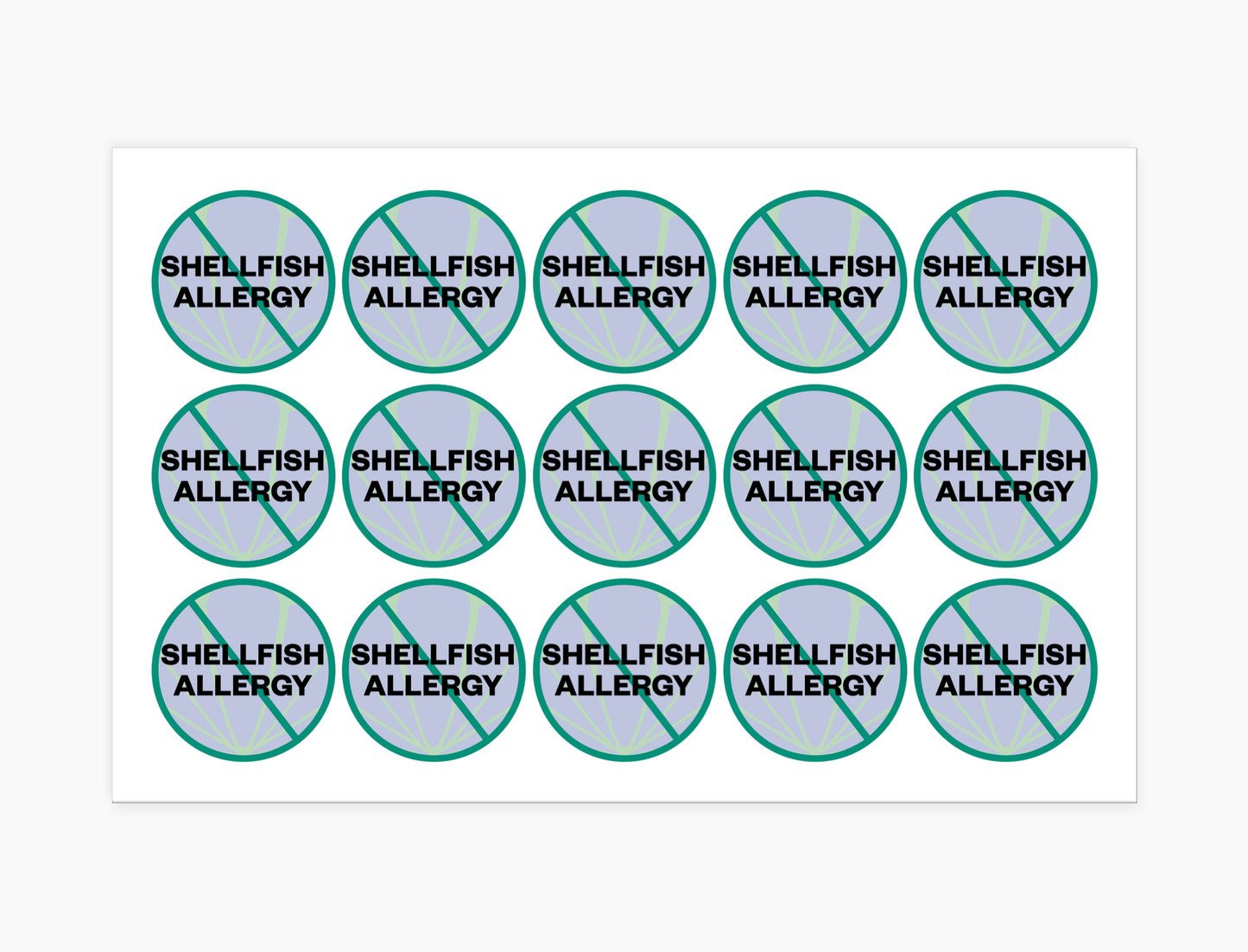 Shellfish Allergy Waterproof Stickers, 1-1/2 inch round (sheet of 15)