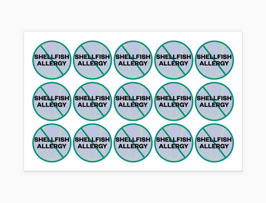Shellfish Allergy Waterproof Stickers, 1-1/2 inch round (sheet of 15)