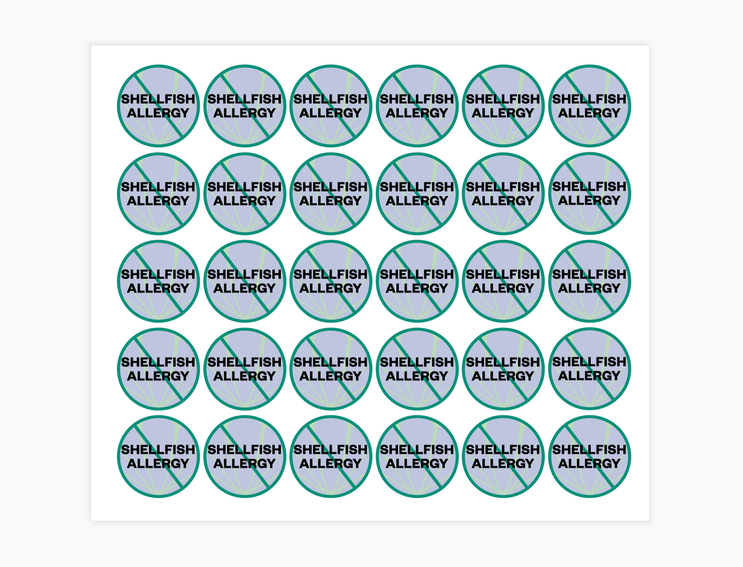 Shellfish Allergy Waterproof Stickers, 3/4 inch round (sheet of 30)