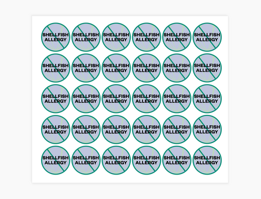 Shellfish Allergy Waterproof Stickers, 3/4 inch round (sheet of 30)