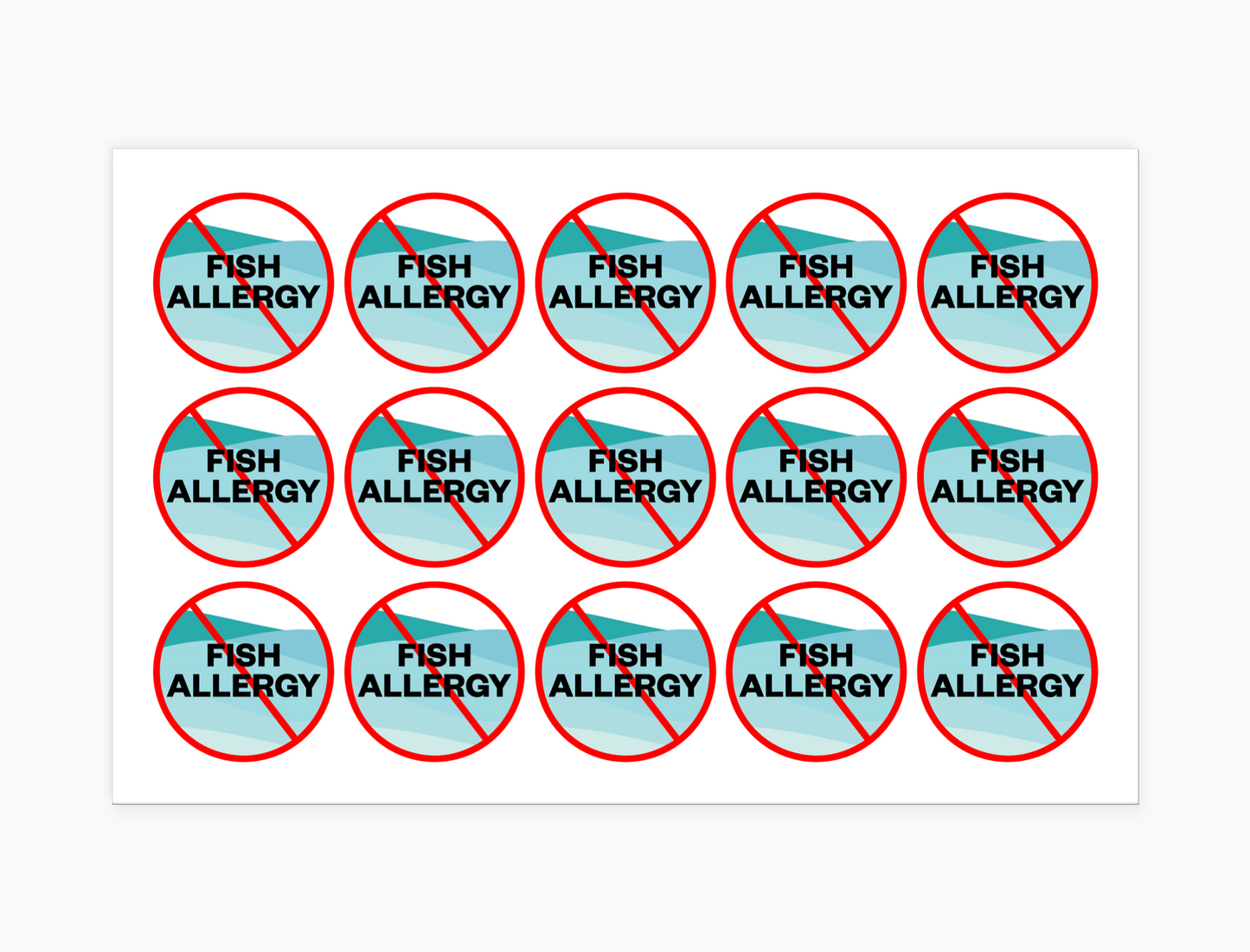 Fish Allergy Waterproof Stickers, 1-1/2 inch round (sheet of 15)