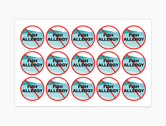 Fish Allergy Waterproof Stickers, 1-1/2 inch round (sheet of 15)