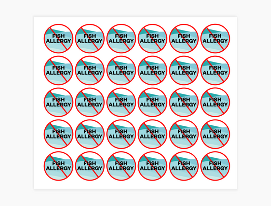 Fish Allergy Waterproof Stickers, 3/4 inch round (sheet of 30)