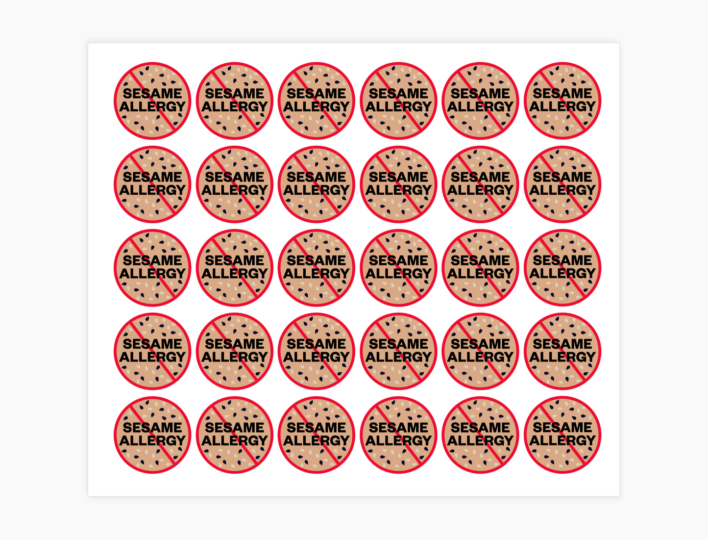 Sesame Allergy Waterproof Stickers, 3/4 inch round (sheet of 30)