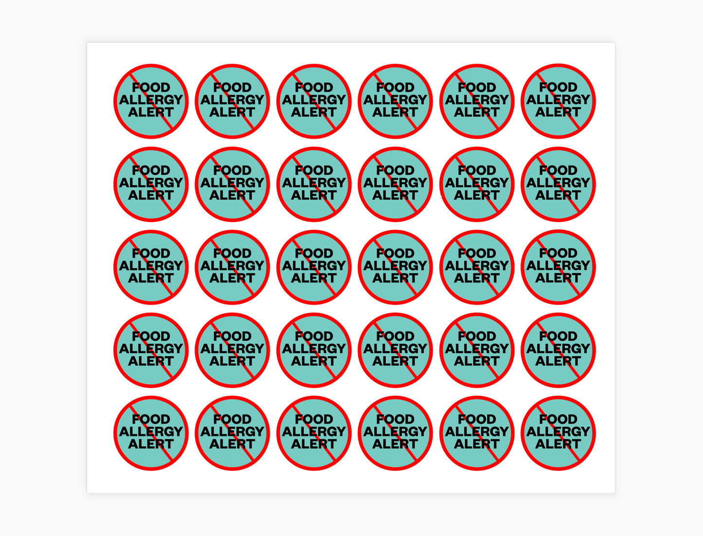 Food Allergy Waterproof Stickers, 3/4 inch round (sheet of 30)