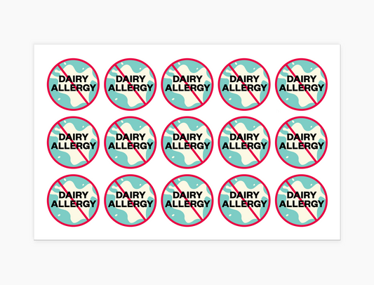 Dairy Allergy Waterproof Stickers, 1-1/2 inch round (sheet of 15)
